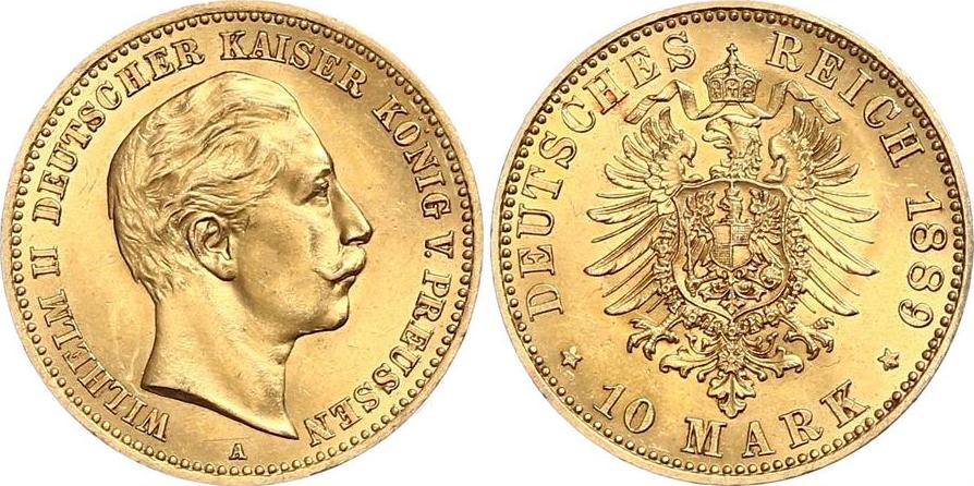 10 Mark 1889 A Preussen Kaiser Wilhelm II.