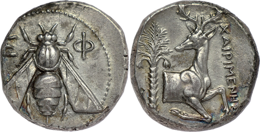 This image has an empty alt attribute; its file name is ANCIENT-GREECE-AR-Tetradrachm-340-325-B.C.-Ionia-Ephesos-Magistrate-Chairimenes-Choice-EF-AEF-sl.-iridescent-patina-1024x519.jpg